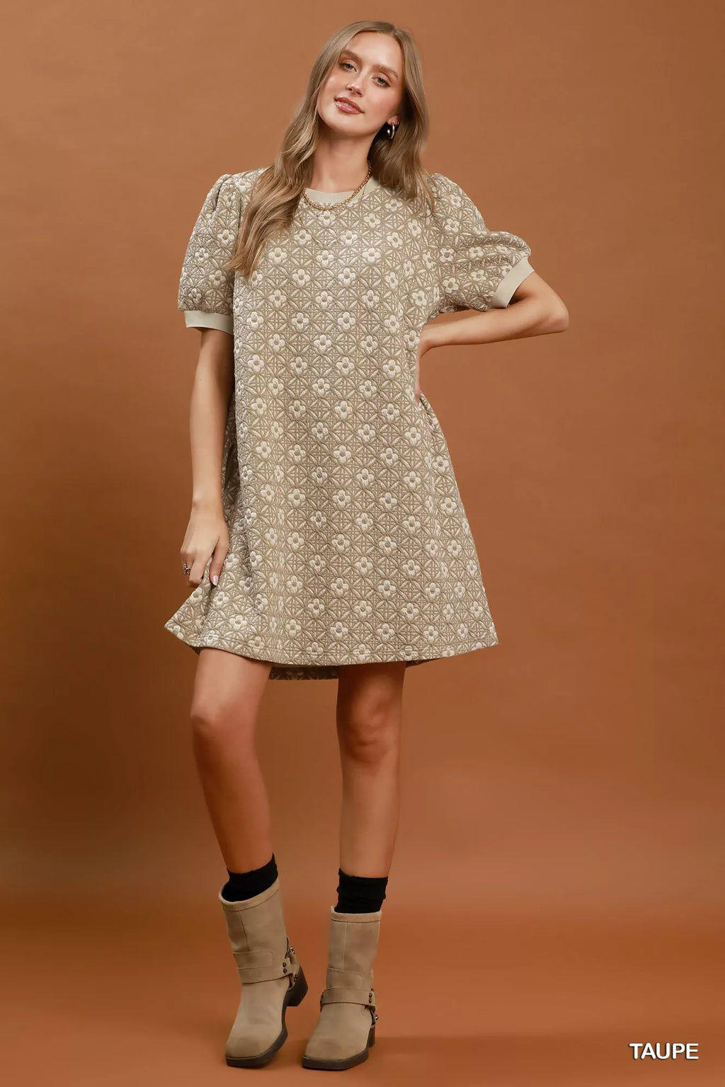 YSONA Umgee Floral Textured Puff Sleeve Mini Dress — detail view | Women's Dress | Shop YSONA
