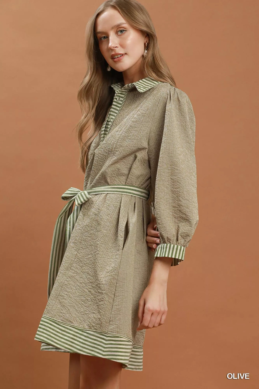 YSONA Umgee Striped Contrast Belted Puff Sleeve Mini Dress — back view | Women's Dress | Shop YSONA