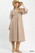 YSONA Umgee Puff Sleeve Plaid Midi Dress — detail view | Women's Dress | Shop YSONA