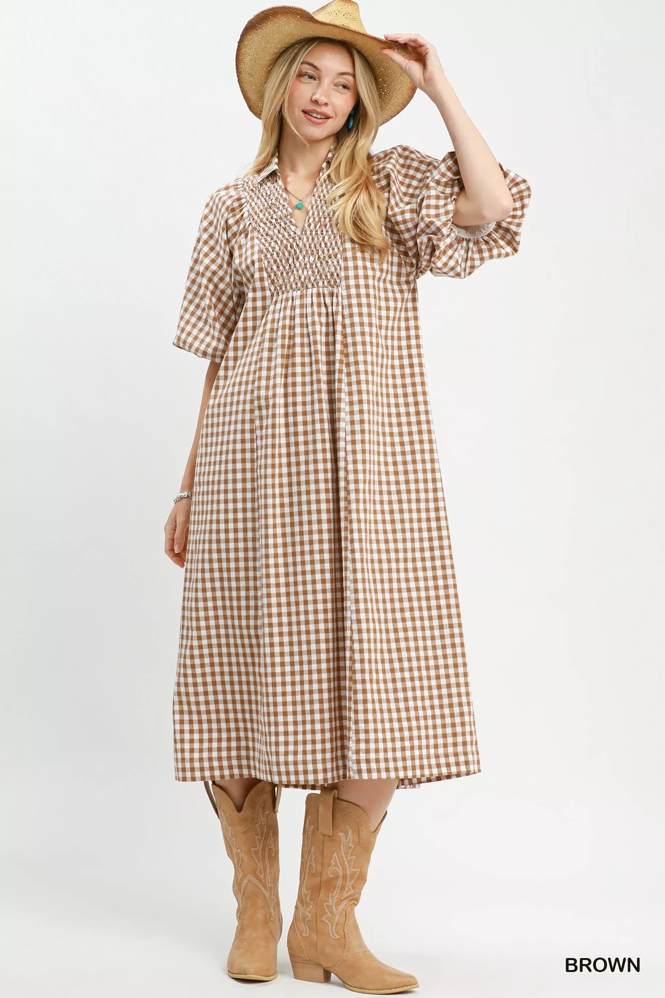 YSONA Umgee Puff Sleeve Plaid Midi Dress — detail view | Women's Dress | Shop YSONA