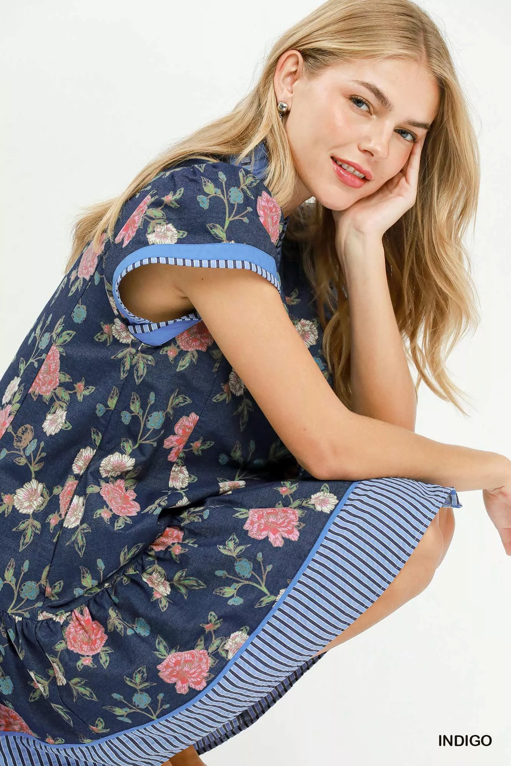 YSONA Umgee Floral Contrast Trim Ruffle Hem Mini Dress — detail view | Women's Dress | Shop YSONA