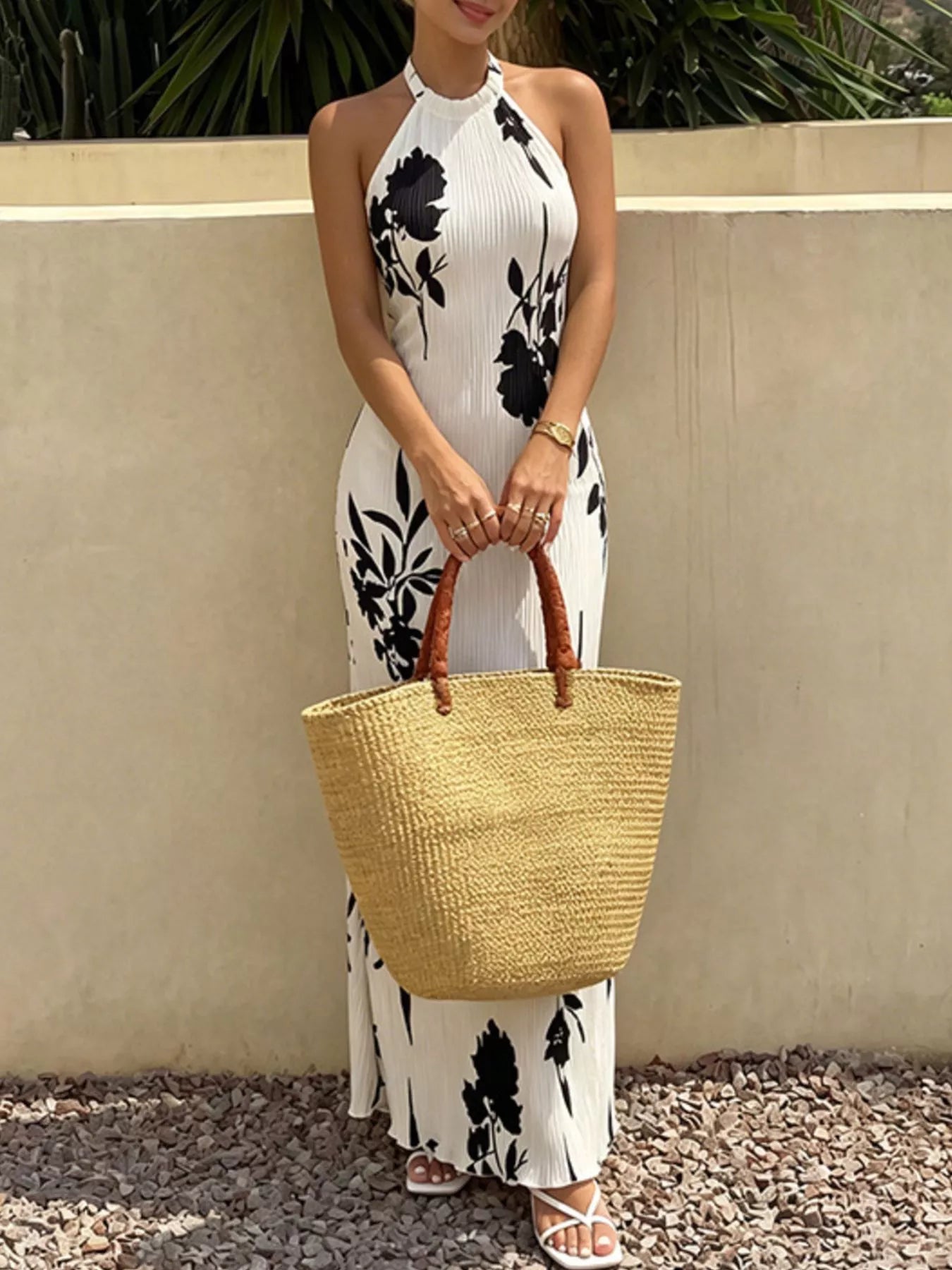 YSONA Floral Print Halter Neck Maxi Dress — model wearing | Women's Dress | Shop YSONA
