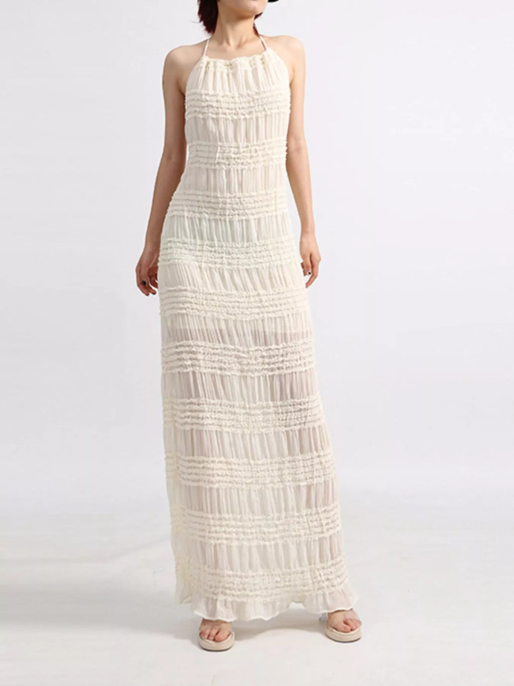 YSONA Backless Halter Neck Ruched Maxi Dress — back view | Women's Dress | Shop YSONA