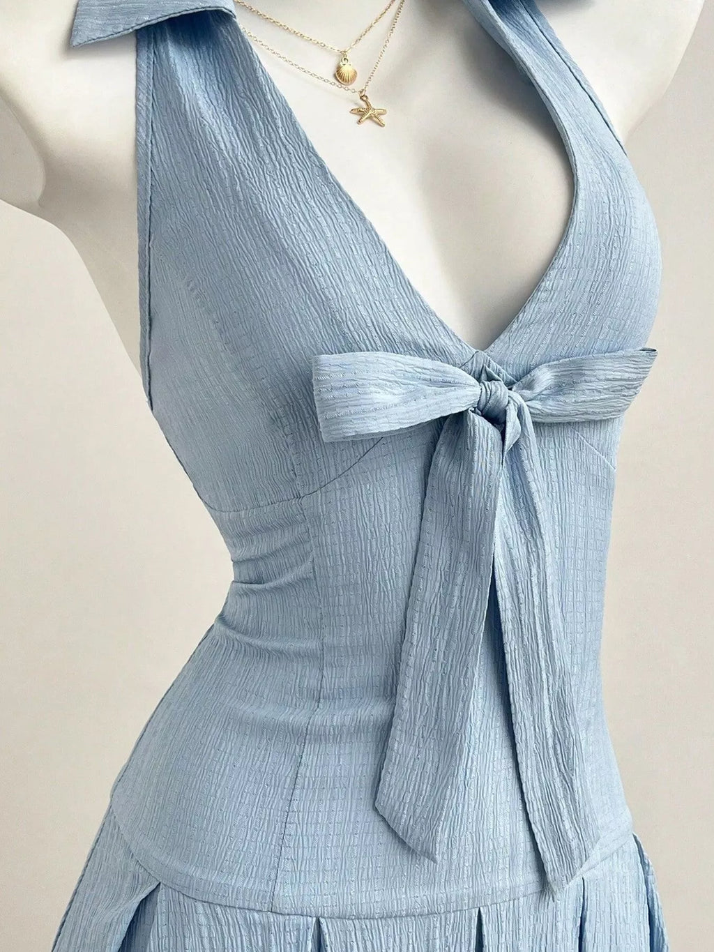 YSONA Halter Neck Bow Tie Pleated Mini Dress — detail view | Women's Dress | Shop YSONA