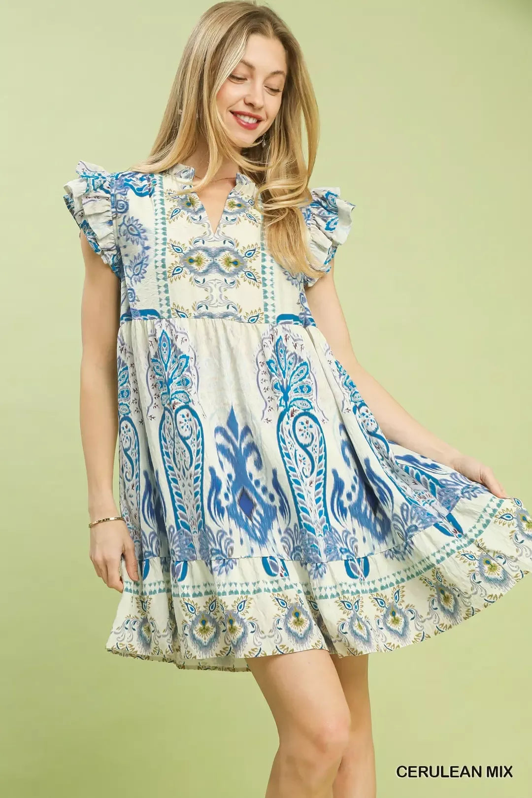 YSONA Umgee Mix Ruffle Sleeve Boho Print Dress — front view | Women's Dress | Shop YSONA