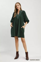 YSONA Umgee Corduroy V-Neck Puff Sleeve Shift Dress with Pockets — detail view | Women's Dress