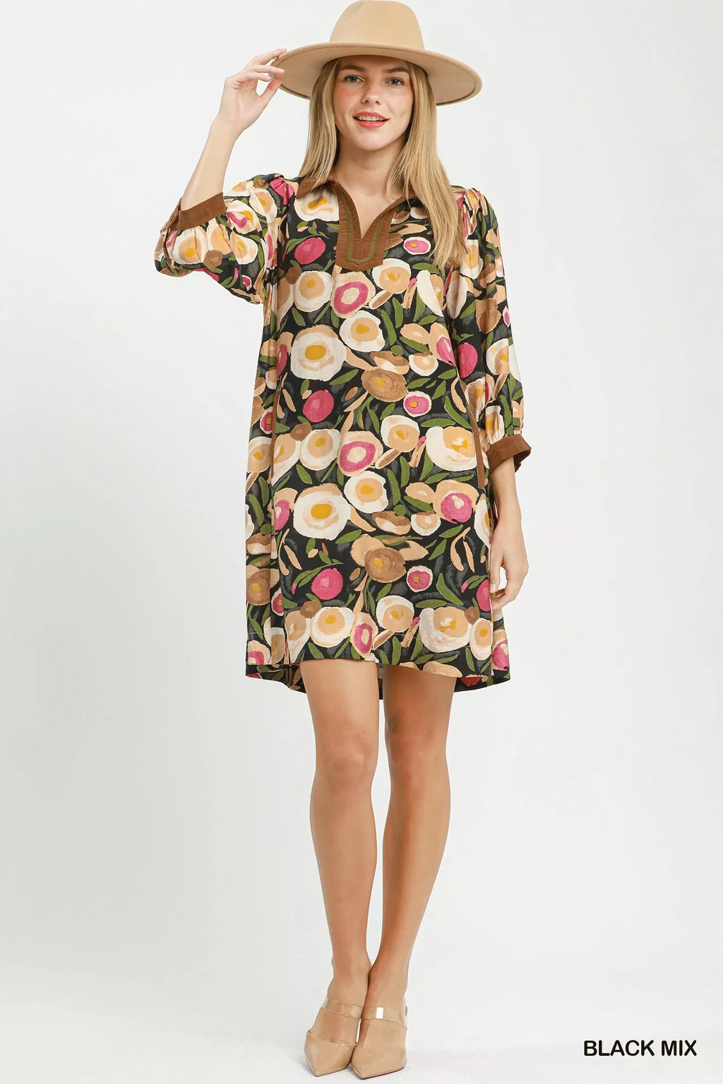 YSONA Umgee Mix Floral Contrast Trim Shift Mini Dress — detail view | Women's Dress | Shop YSONA
