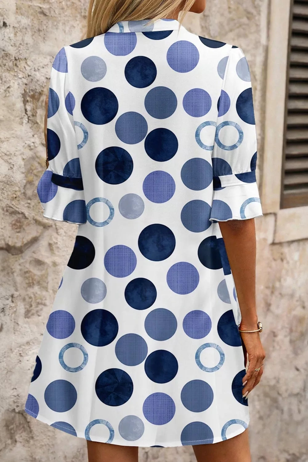 YSONA Polka Dot Print Flounced Half Sleeve Casual Mini Dress — back view | Women's Dress