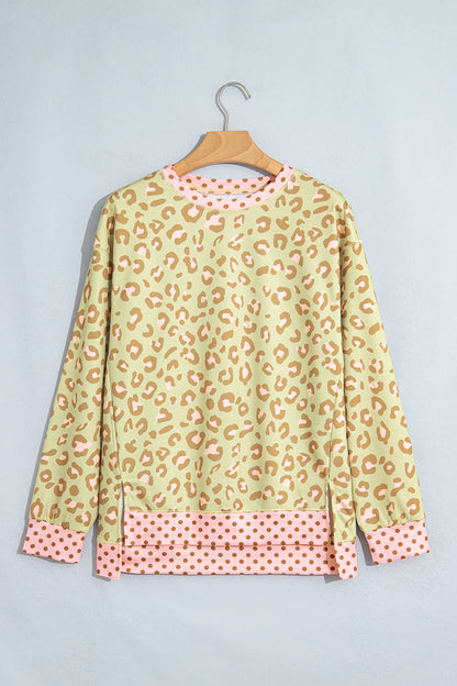 Brown Leopard Polka Dot Colorblock Trim Long Sleeve Top
