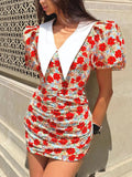 YSONA Ruched Floral Print Puff Sleeve Mini Dress — front view | Women's Dress | Shop YSONA