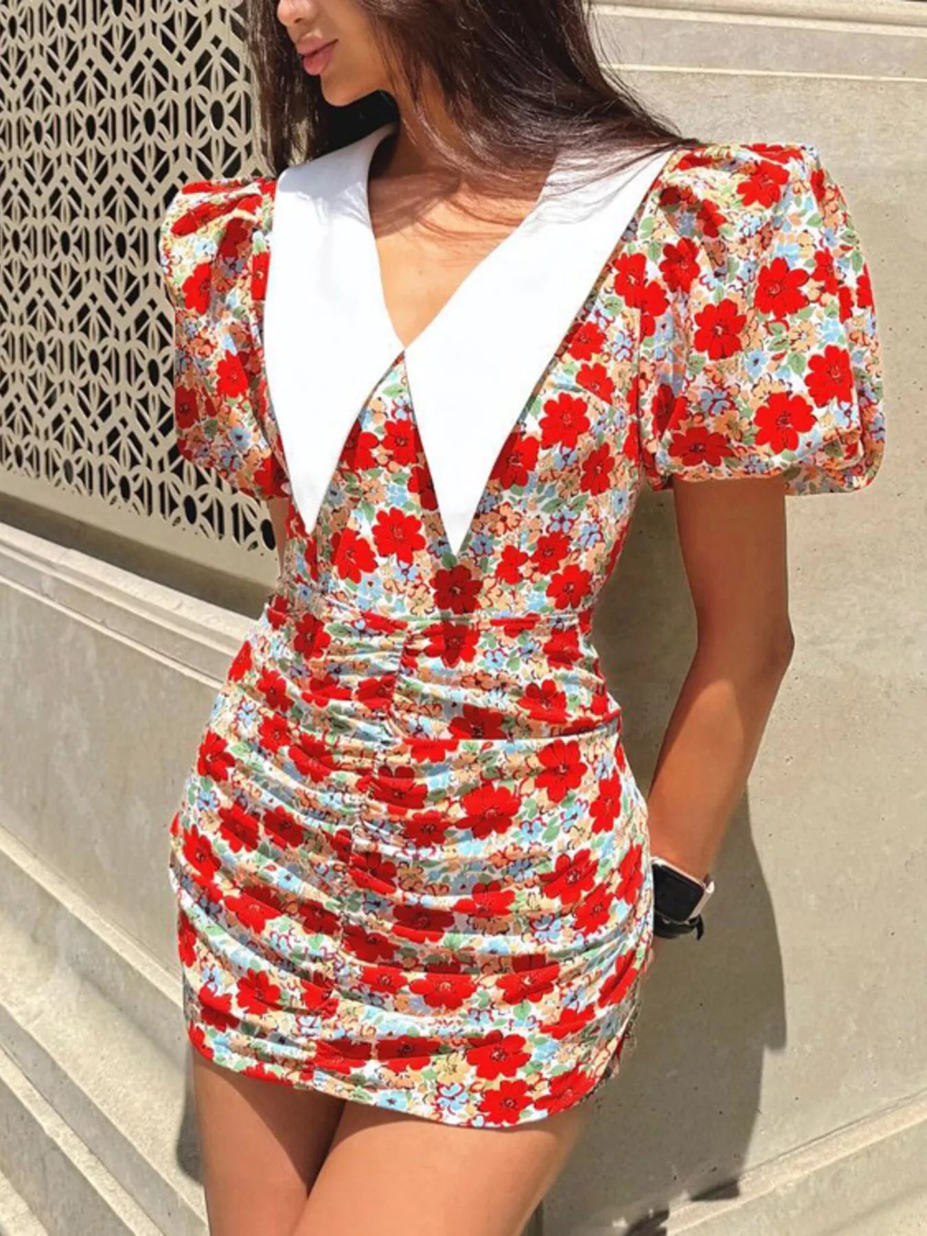 YSONA Ruched Floral Print Puff Sleeve Mini Dress — front view | Women's Dress | Shop YSONA