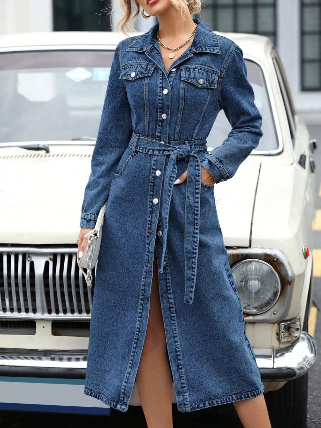 YSONA Belted Long Sleeve Denim Dress — front view | Women's Dress | Shop YSONA