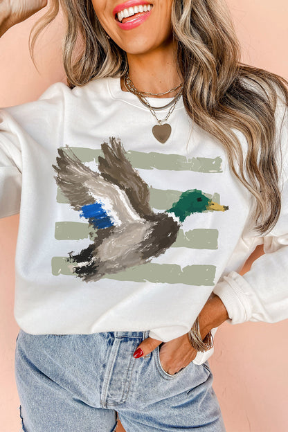 White Western Print Mallard Duck Graphic Casual Sweatshirt