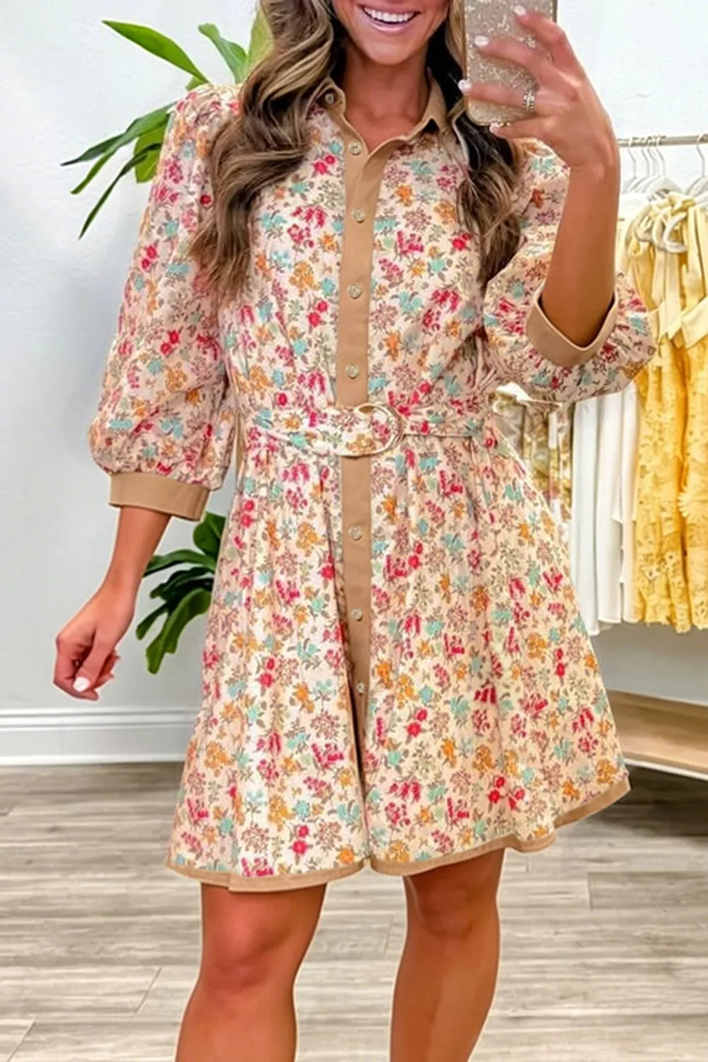 YSONA Floral Print Color Block Trim Button Down Belted Mini Dress — side view | Women's Dress