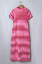 YSONA Stripe Striped Scalloped Trim Side Slit Maxi Tee Dress — full length view | Women's Dress