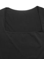 YSONA Square Neck Long Sleeve Bubble Hem Dress — close-up view | Women's Dress | Shop YSONA