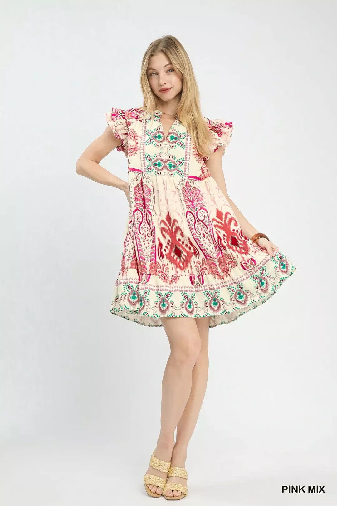 YSONA Umgee Mix Ruffle Sleeve Boho Print Dress — model wearing | Women's Dress | Shop YSONA