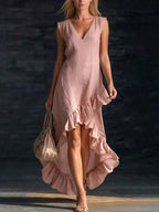 YSONA Full Size V-Neck Ruffle Hem High-Low Dress Plus Size — front view | Women's Dress
