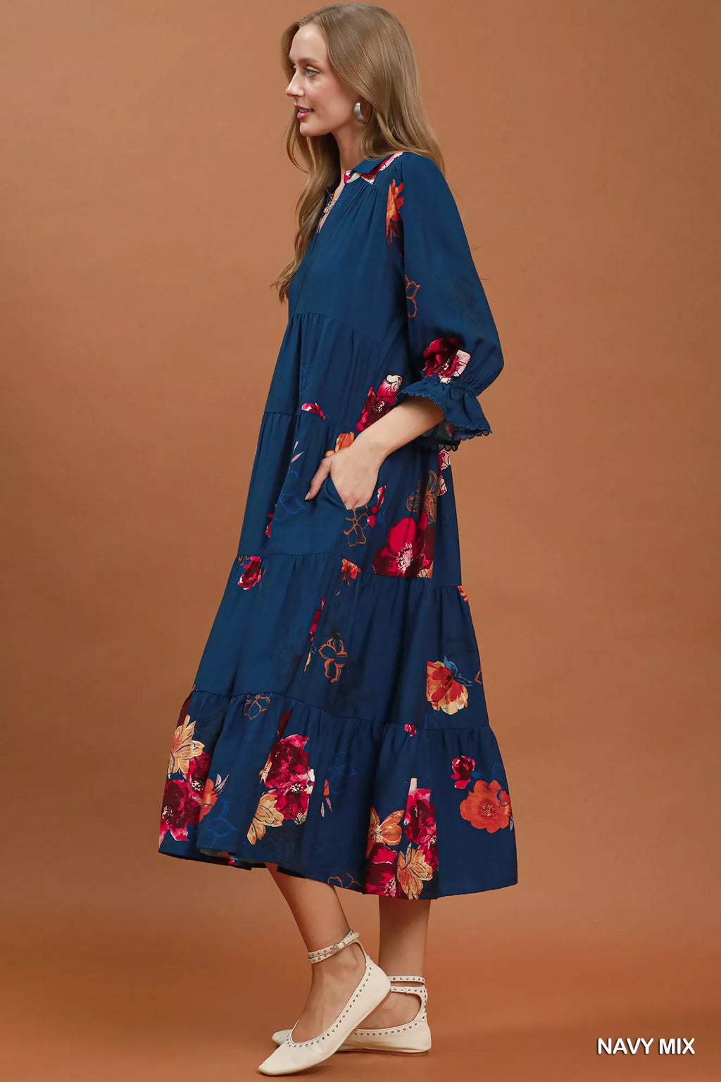 YSONA Umgee Floral Print Tiered Midi Dress with Puff Sleeves — back view | Women's Dress | Shop YSONA