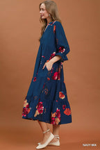 YSONA Umgee Floral Print Tiered Midi Dress with Puff Sleeves — back view | Women's Dress | Shop YSONA