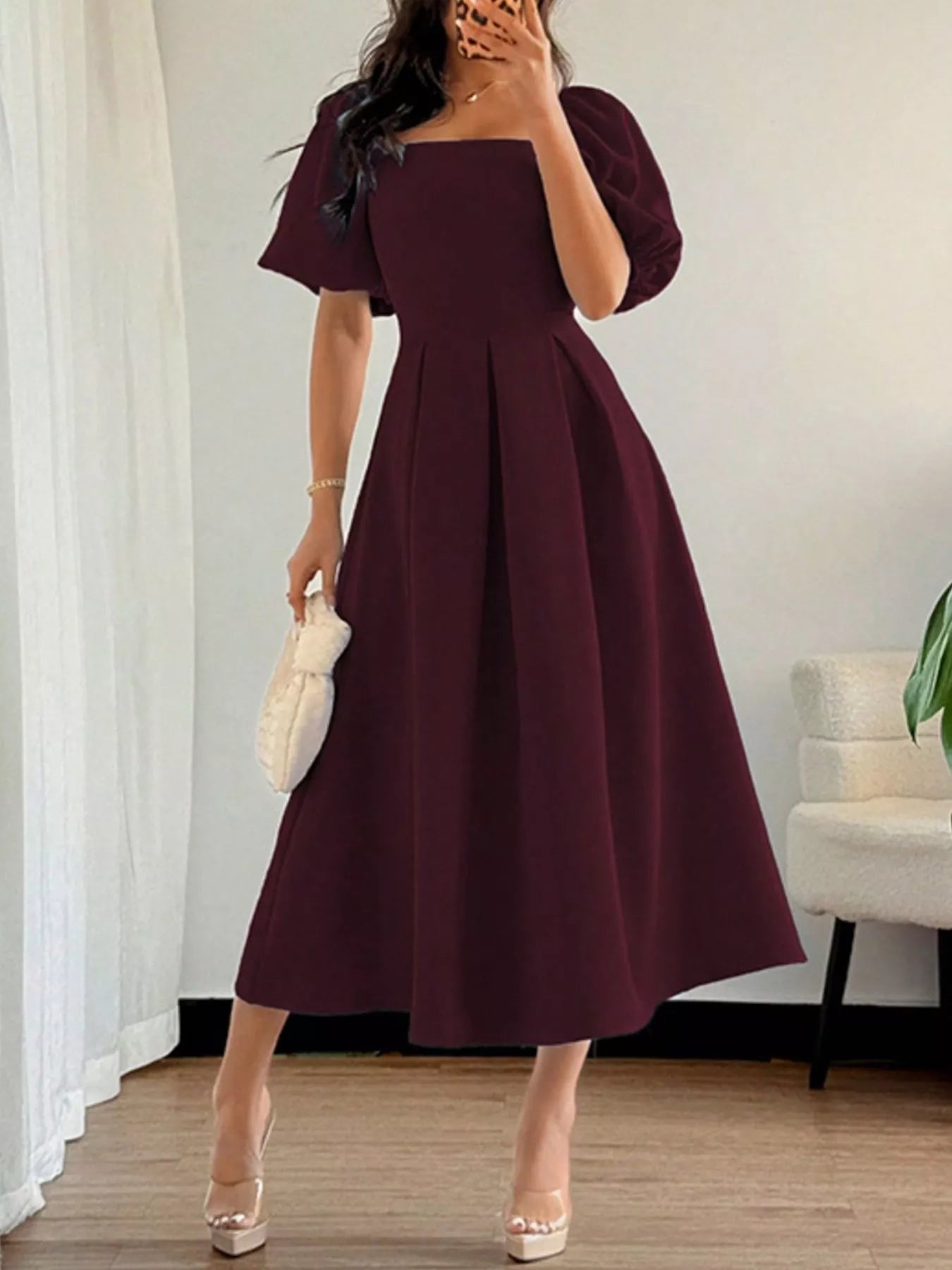 YSONA Square Neck Flutter Sleeve Midi Dress — back view | Women's Dress | Shop YSONA