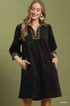 YSONA Umgee V-Neck Shift Dress with Contrast Trim — front view | Women's Dress | Shop YSONA