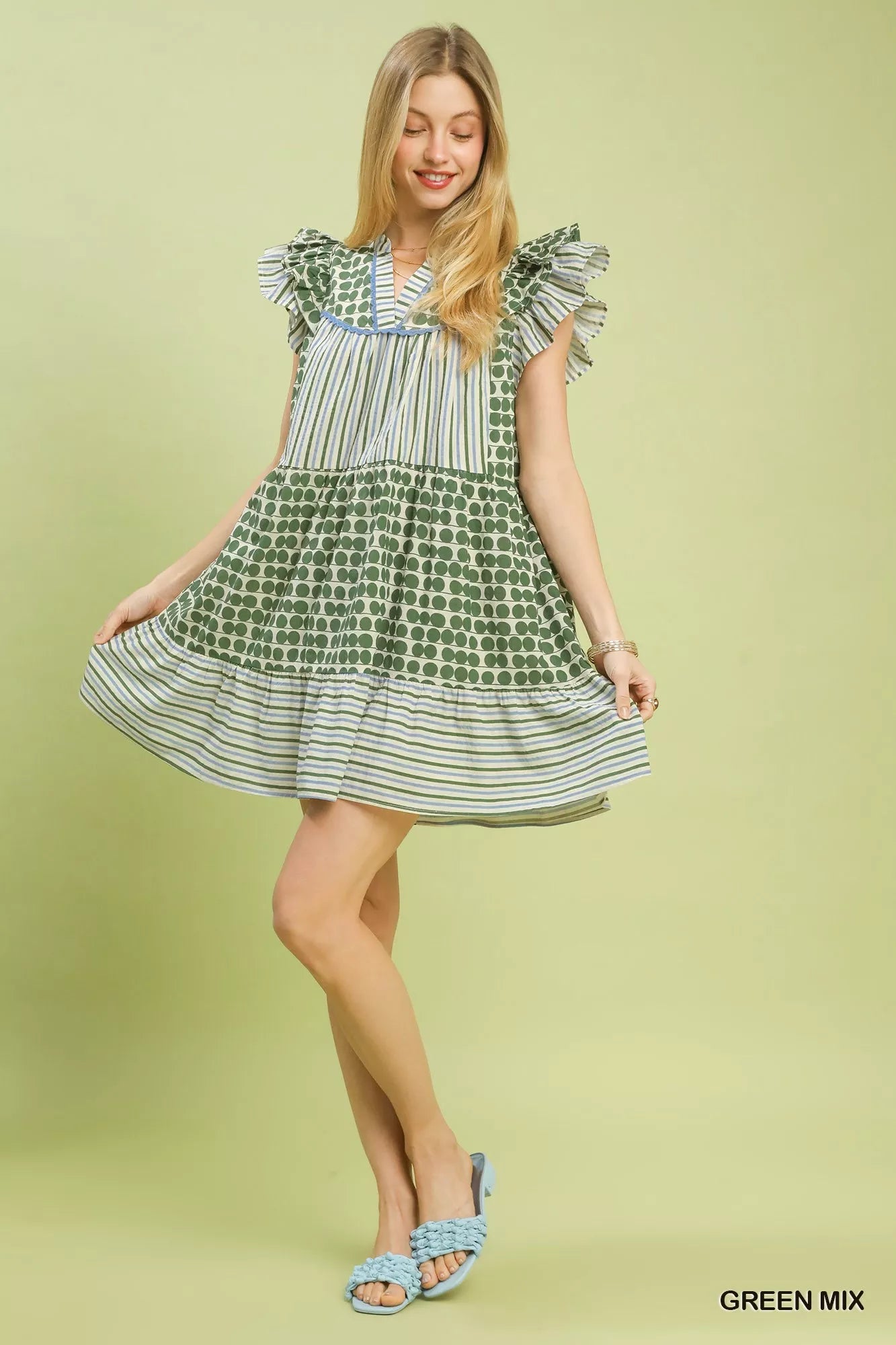 YSONA Umgee Mix Patchwork Flutter Sleeve Tiered Dress — model wearing | Women's Dress | Shop YSONA