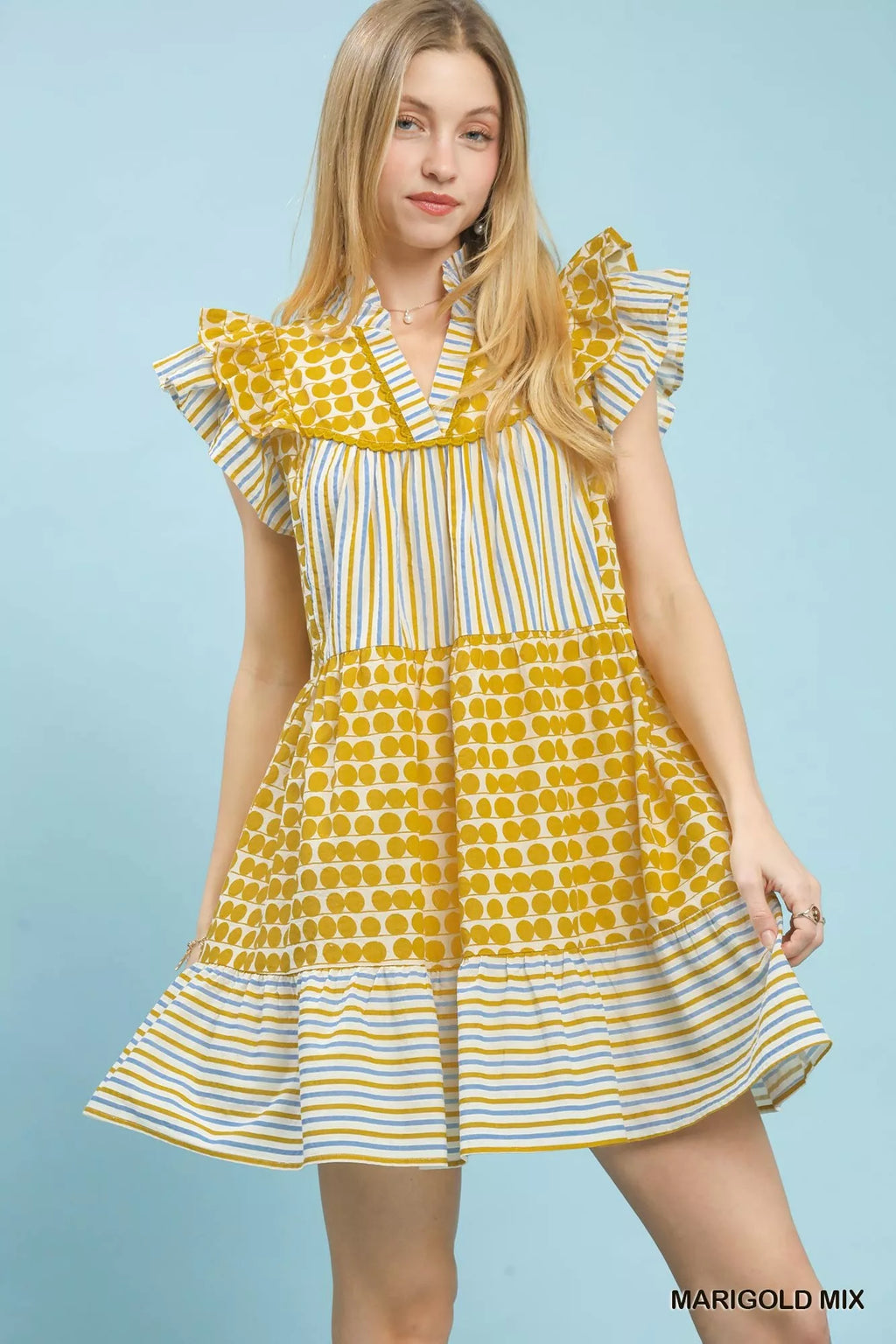 YSONA Umgee Mix Patchwork Flutter Sleeve Tiered Dress — front view | Women's Dress | Shop YSONA