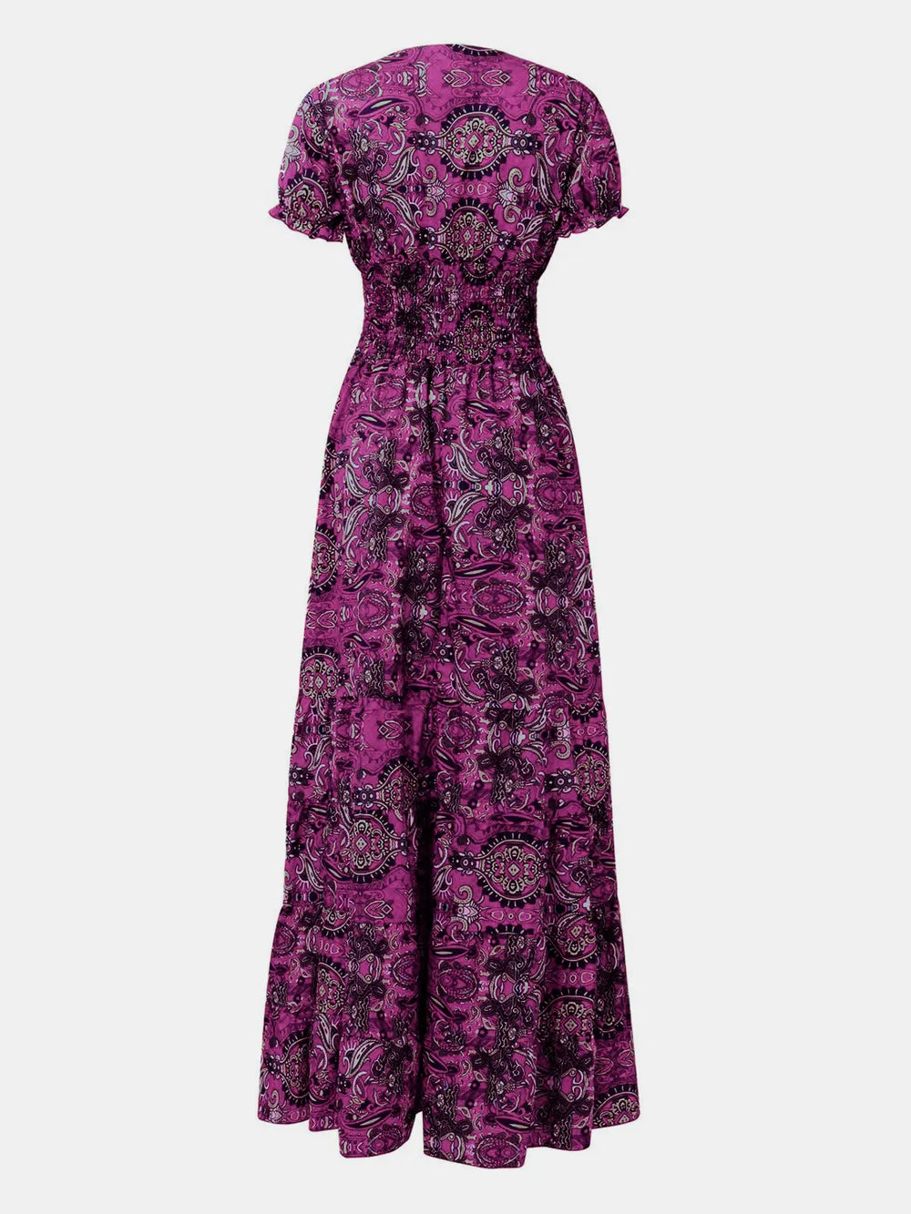 YSONA Full Size Smocked Printed V-Neck Short Sleeve Dress — styling view | Women's Dress