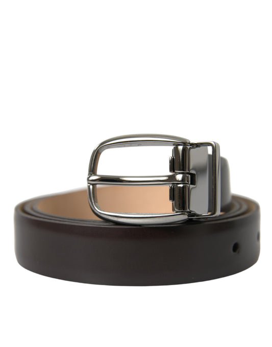 Dolce & Gabbana Dark Brown Leather Silver Metal Buckle Belt - YSONA