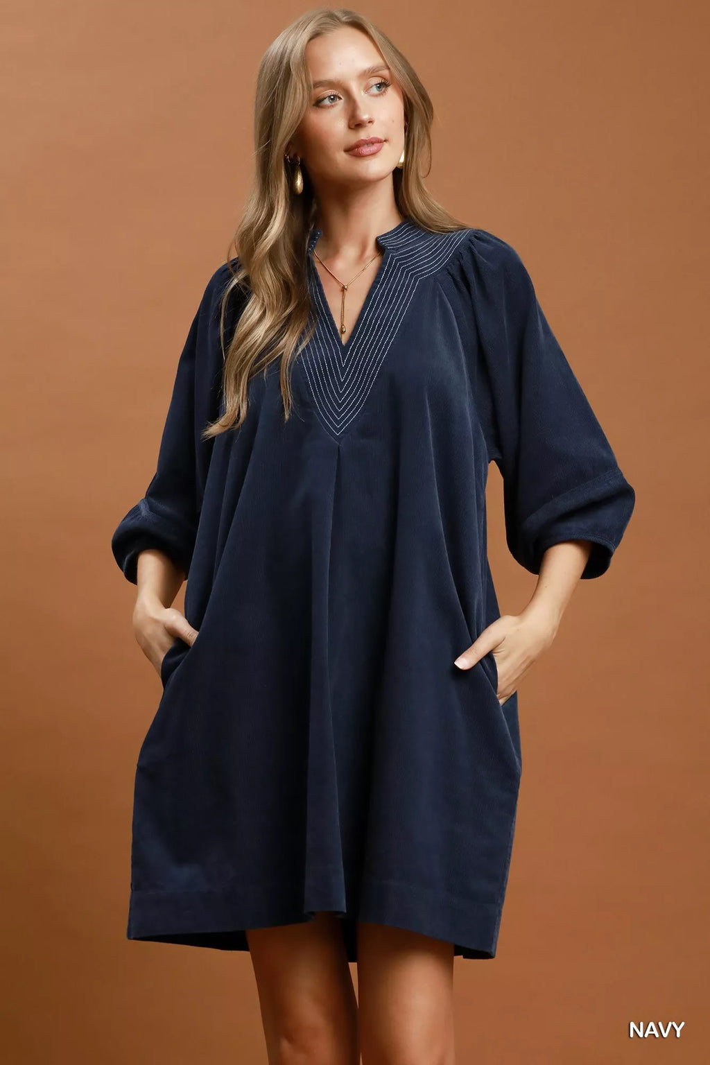 YSONA Umgee Corduroy V-Neck Puff Sleeve Shift Dress with Pockets — front view | Women's Dress