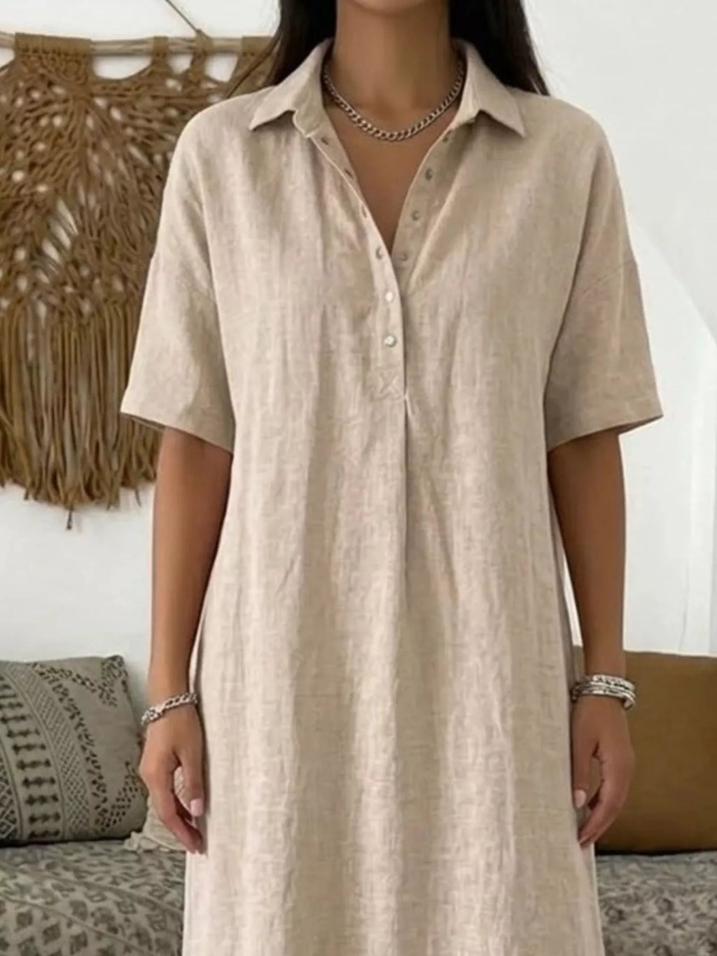 YSONA Full Size Button Detail Half Sleeve Dress Plus Size — fabric detail | Women's Dress