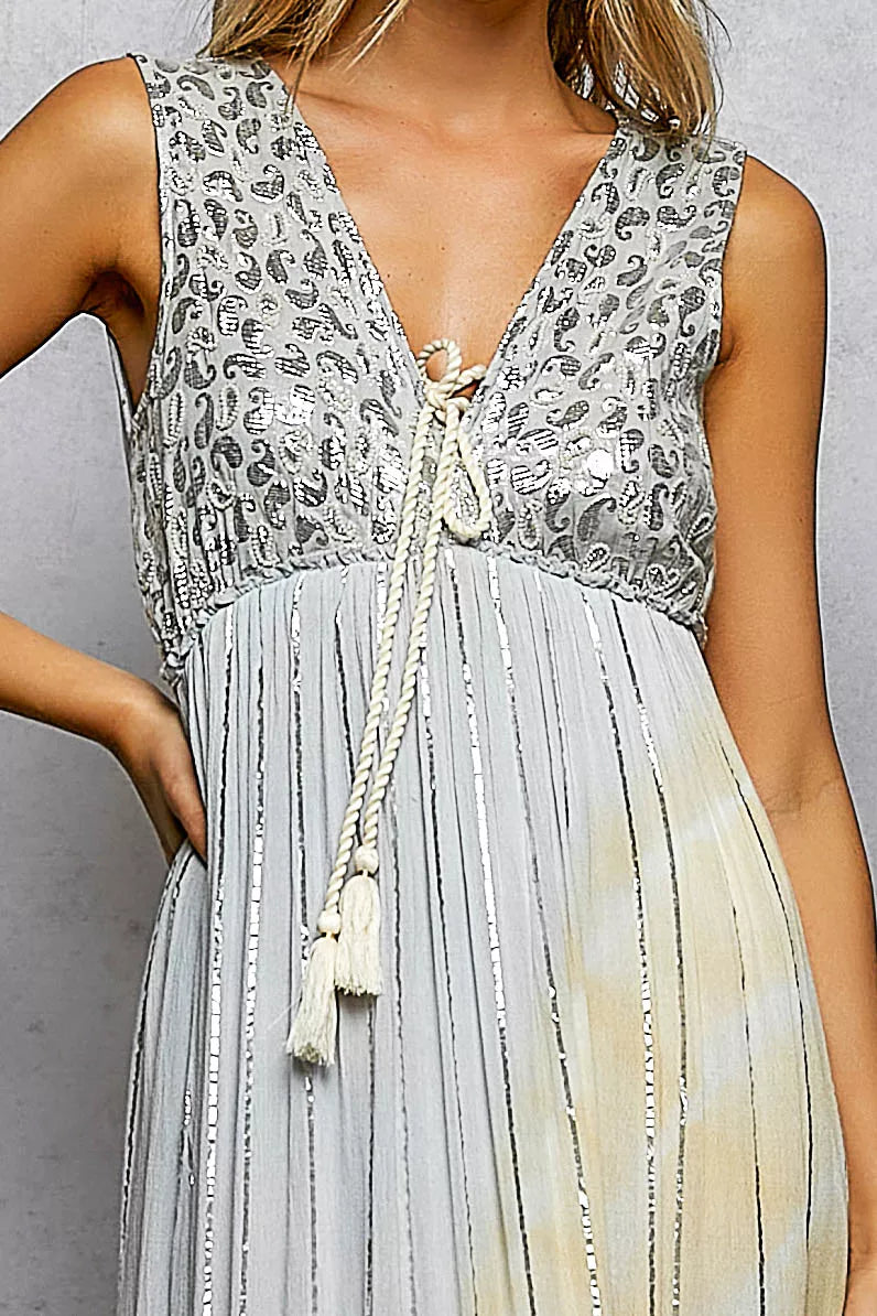 YSONA POL Deep V Sleeveless Cotton Bohemian Tiered Maxi Dress — close-up view | Women's Dress