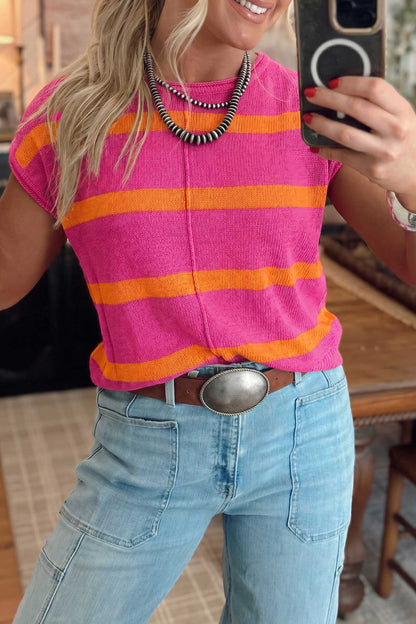 White Stripe Knit Western Short Sleeve Sweater