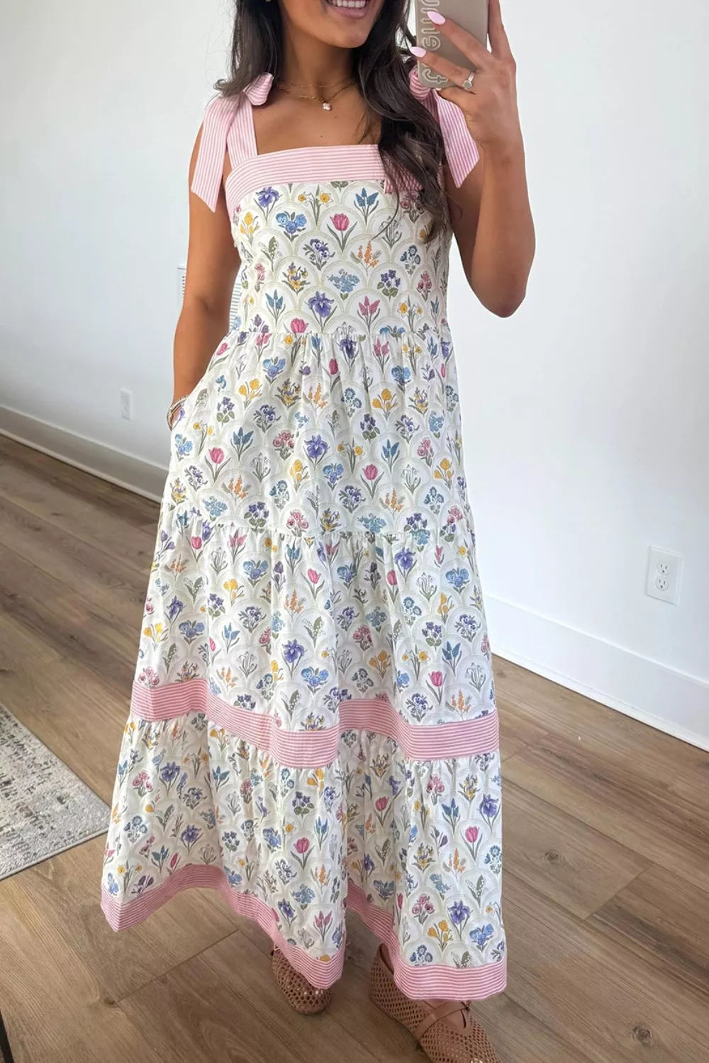YSONA Tiered Floral Tie Shoulder Midi Dress — detail view | Women's Dress | Shop YSONA