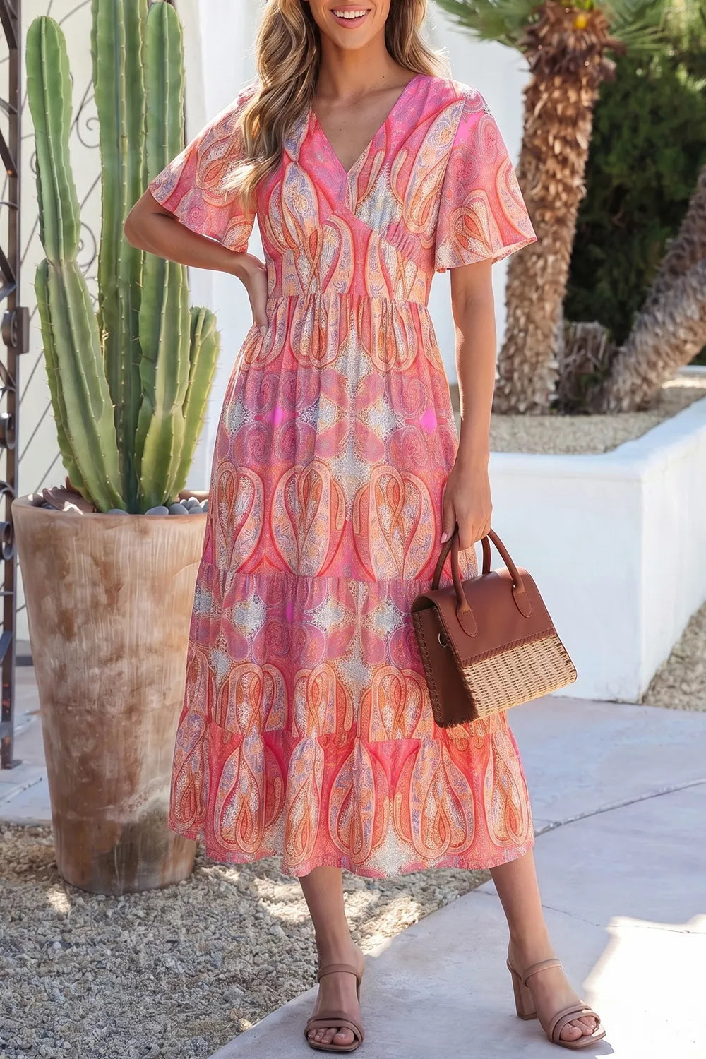 YSONA Paisley Print V-Neck Short Sleeve Boho Dress — side view | Women's Dress | Shop YSONA