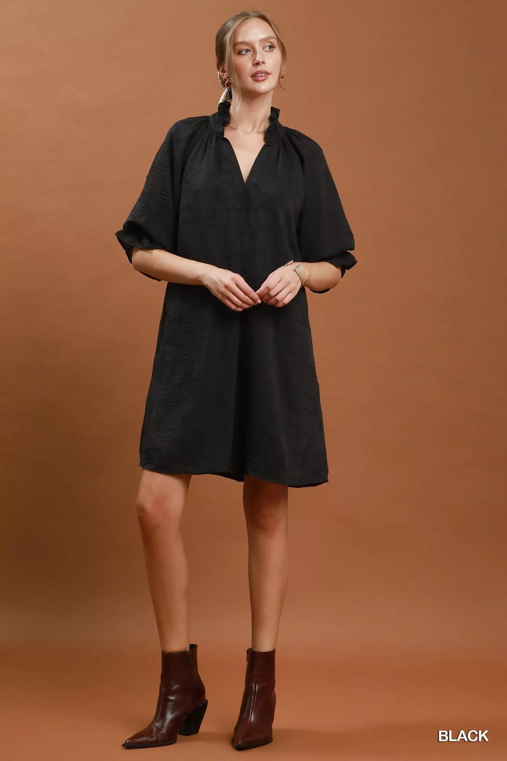 YSONA Umgee Floral Textured Jacquard V-Neck Dress — detail view | Women's Dress | Shop YSONA