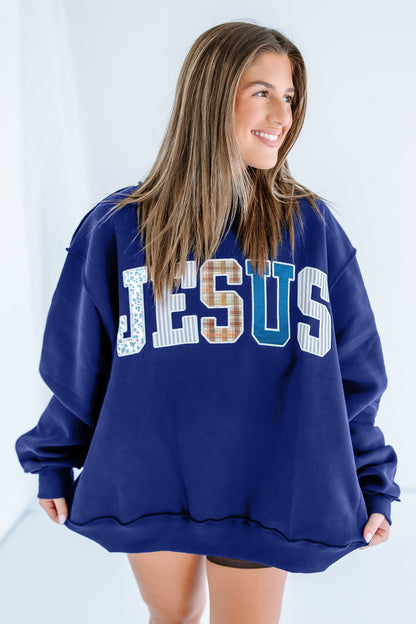 Bonbon WWJD Mixed Pattern Embroidered Patch Graphic Mock Neck Sweatshirt