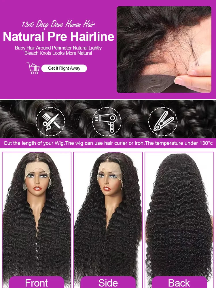 Deep Water Wave 13x6 HD Lace Frontal Wig – Transparent Glueless Curly, 40–46 Inch
