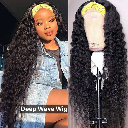 Deep Water Wave Headband Wig – Human Hair 200% Density, No Lace No Glue Beginner Friendly