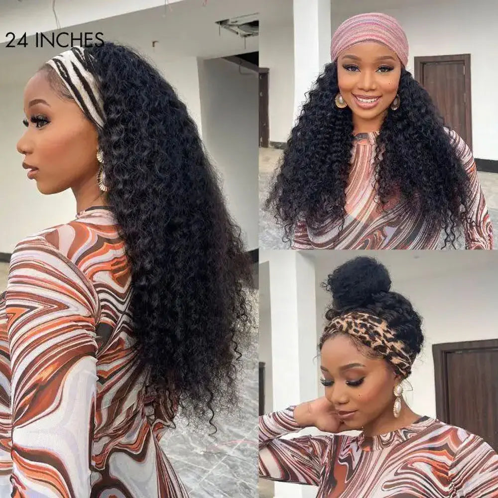 Deep Water Wave Headband Wig – Human Hair 200% Density, No Lace No Glue Beginner Friendly