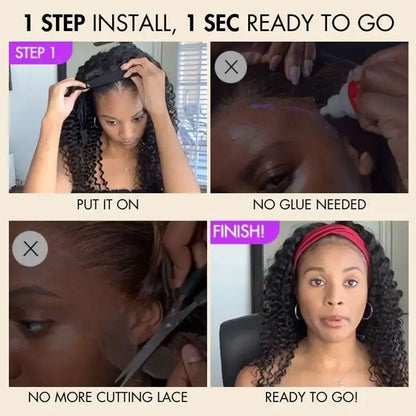 Deep Water Wave Headband Wig – Human Hair 200% Density, No Lace No Glue Beginner Friendly