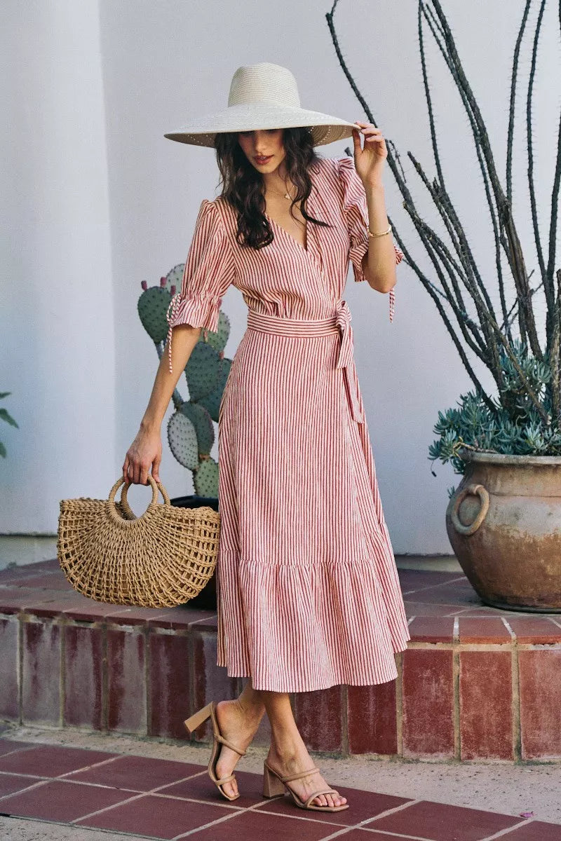 YSONA Stripe Textured Short Sleeves Lined Wrap Midi Dress — fabric detail | Women's Dress | Shop YSONA