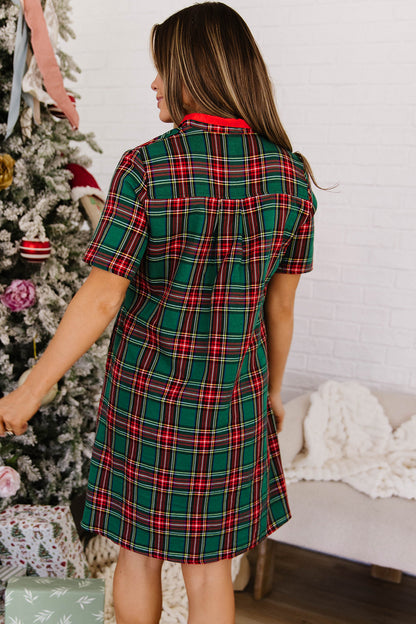 Green Plaid Button Front Short Sleeve Shift Dress