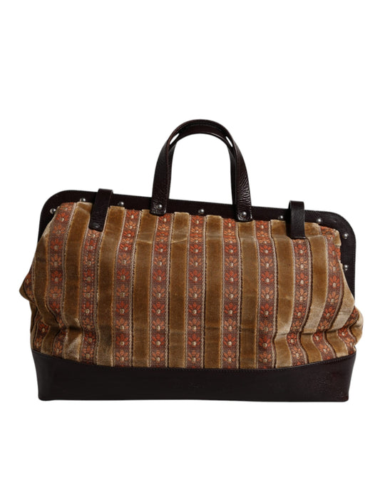 Dolce & Gabbana Beige Maroon Velvet Leather Jacquard Travel Handbag Bag - YSONA