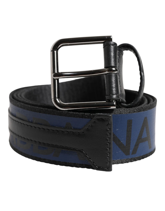 Dolce & Gabbana Black Blue DG Logo Silver Metal Buckle Belt - YSONA