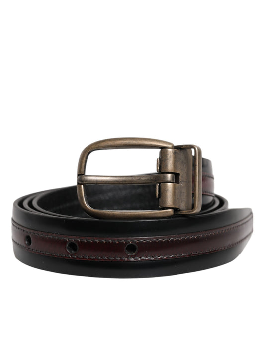 Dolce & Gabbana Black Burgundy Calfskin Metal Logo Buckle Belt - YSONA