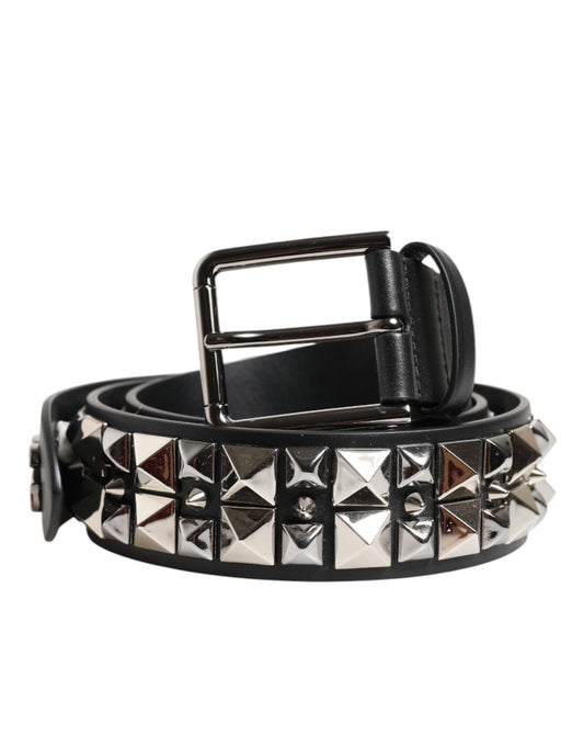 Dolce & Gabbana Black Calf Leather Studded Silver Buckle Belt - YSONA