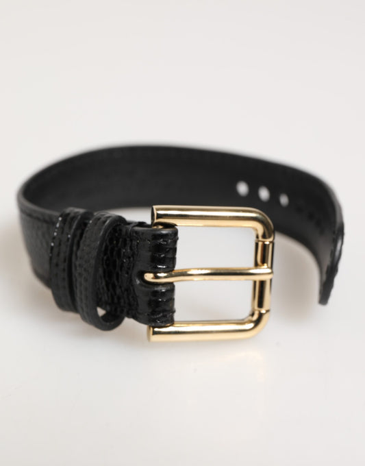 Dolce & Gabbana Black Embossed Leather Gold Buckle Belt Strap Bracelet - YSONA