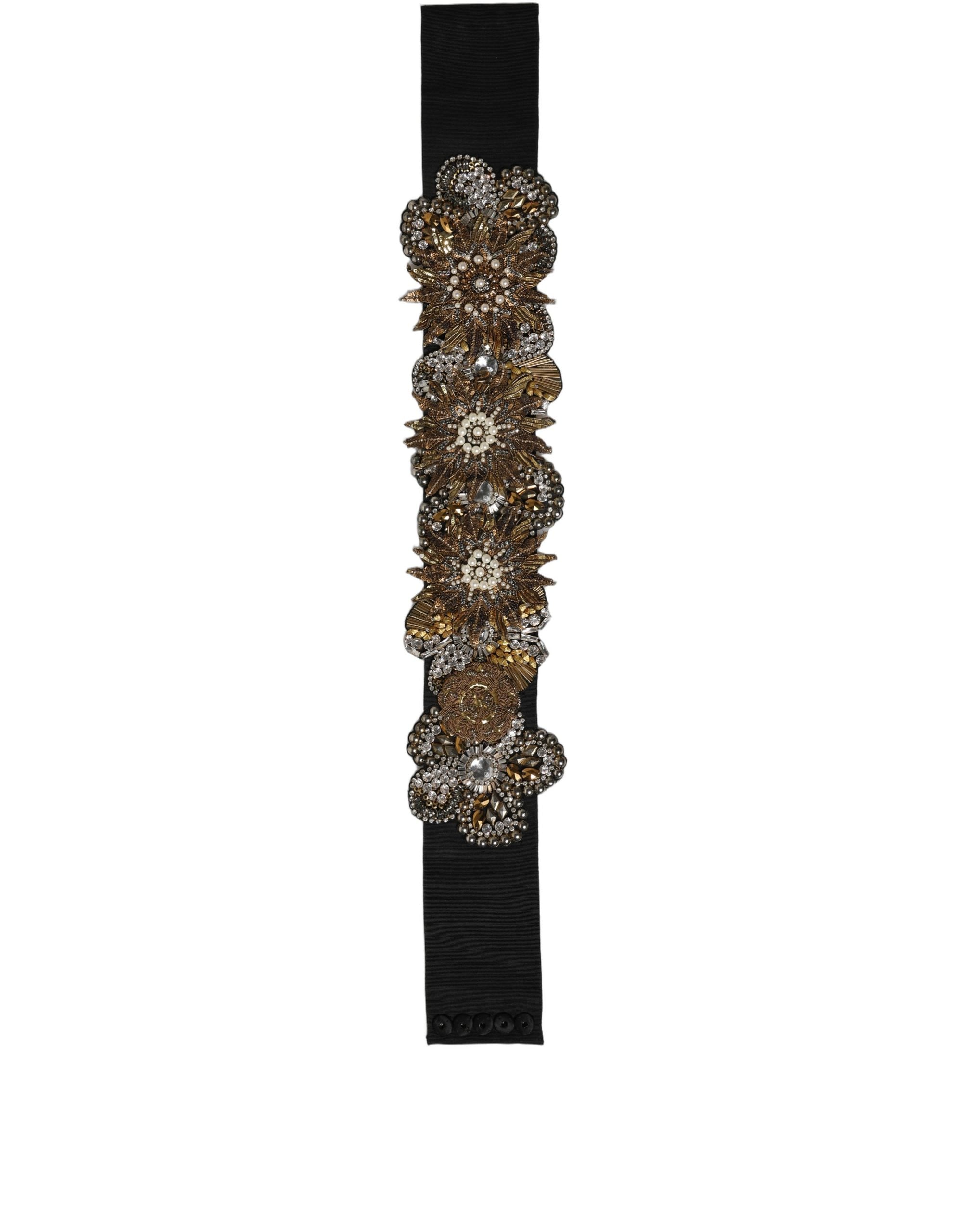 Dolce & Gabbana Black Gold Tone Crystal Brass Flower Brooches Belt - view 2